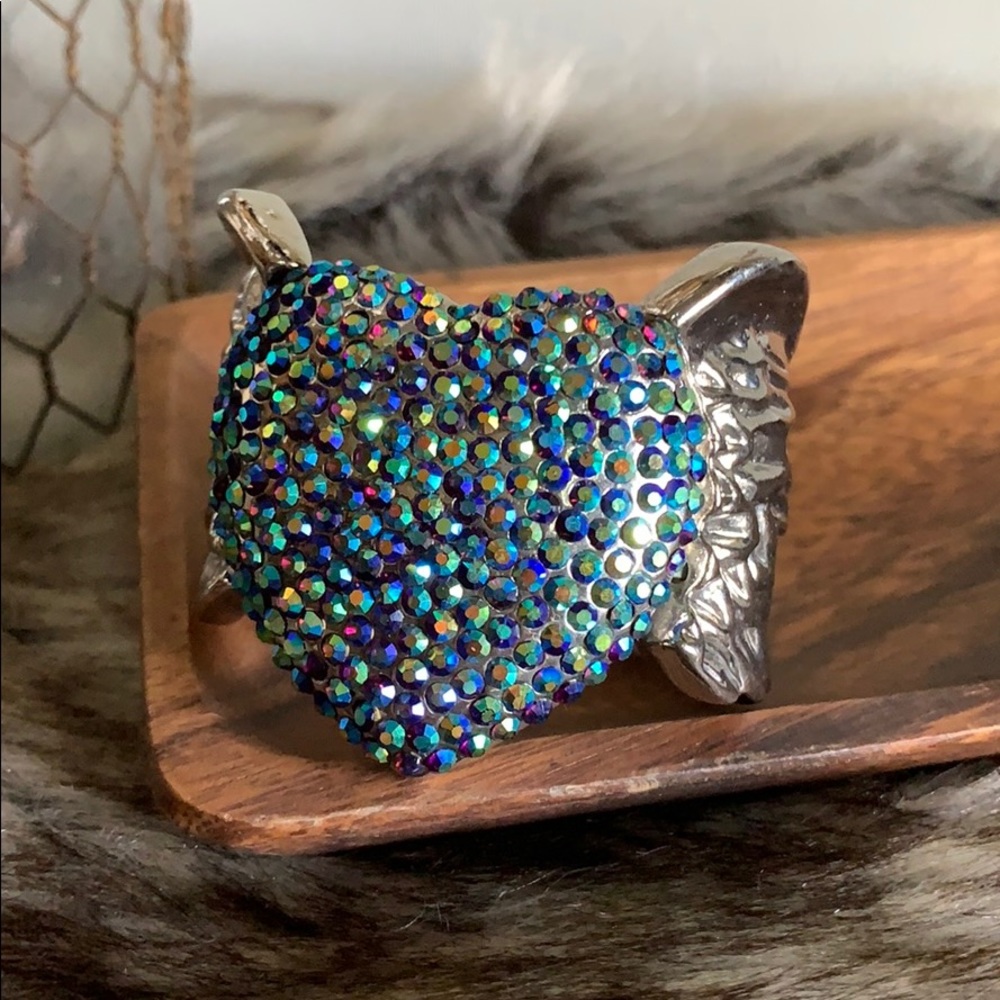 Blue crystal silver plated cuff angel bracelet